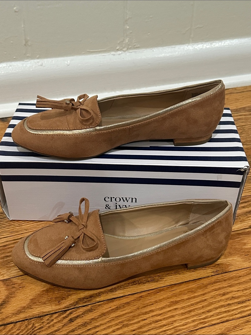 crown & ivy Tan Suede Tassel Loafers with Metallic Trim